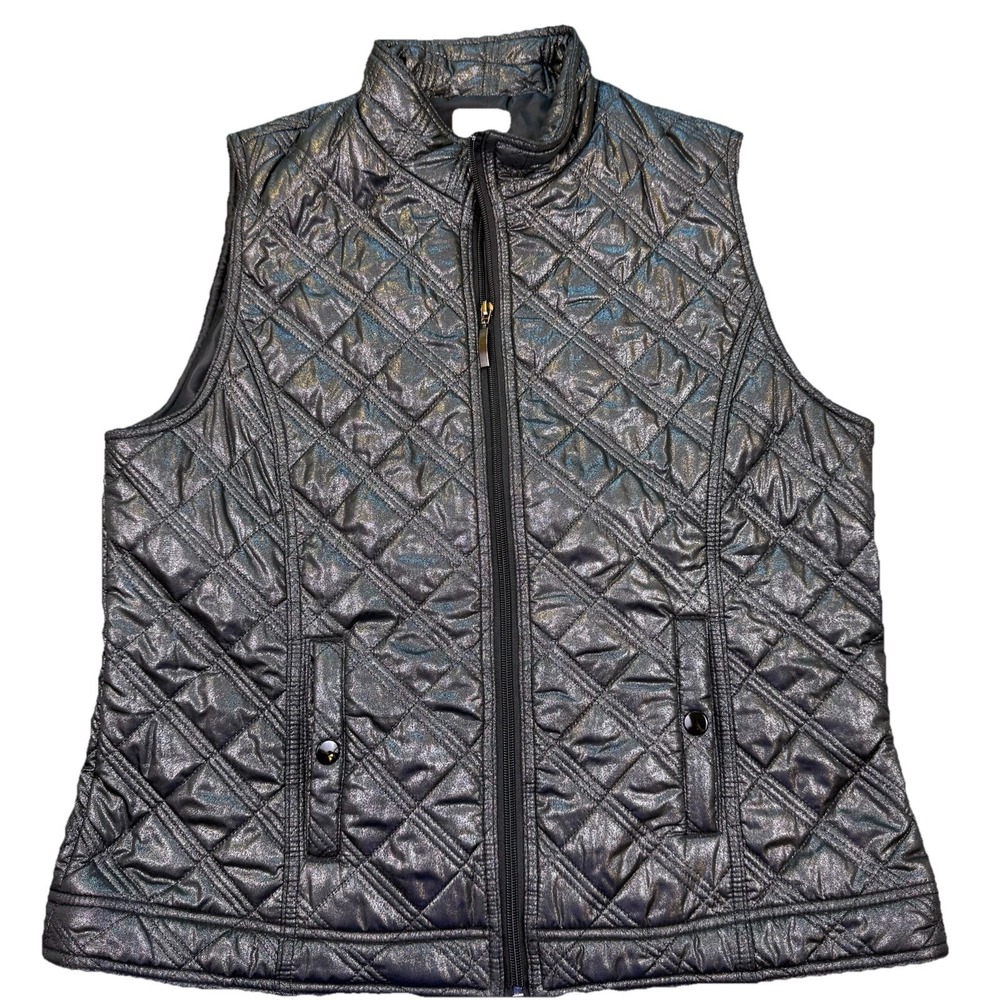 Chico's Women's Size 2 (L) Metallic Sparkle Charcoal Gray Quilted‎ Vest